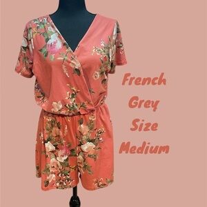 FRENCH GREY SIZE MEDIUM FLORAL ROMPER VERY GENTLY WORN